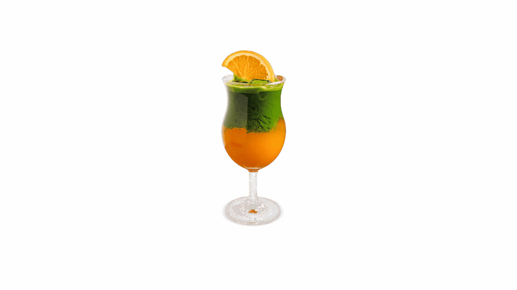 ORANGE MATCHA at DAVIN CAFE, premium layered matcha with fresh orange juice, vibrant green and orange contrast iced drink, refreshing citrus and matcha fusion beverage in modern cafe style