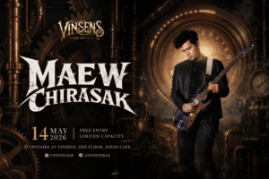 Maew Jirasak live concert poster at Vinsens Bar by Davin Cafe featuring a dramatic steampunk-inspired rock performance atmosphere
