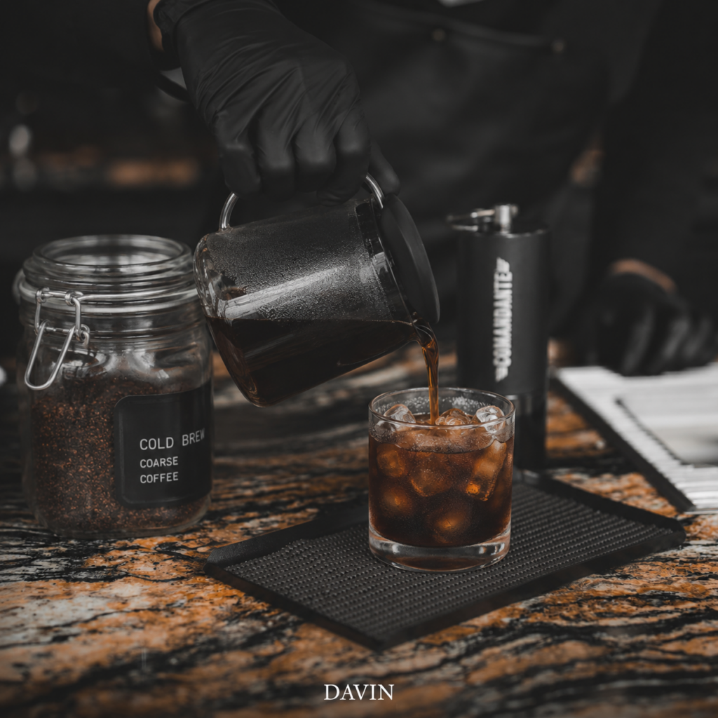 Cold Brew จาก DAVIN CAFE กำลังถูกเสิร์ฟจากกาแฟสกัดเย็นที่ผ่านการแช่สกัดอย่างพิถีพิถัน แสดงกระบวนการทำ Cold Brew เพื่อดึงรสชาตินุ่มลึก หวานธรรมชาติ และกลิ่นหอมซับซ้อนสำหรับคอกาแฟสเปเชียลตี้