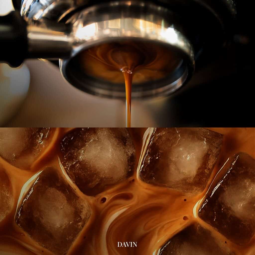 ภาพโคลสอัปการสกัดเอสเปรสโซ่และกาแฟเย็นของ Davin Cafe ที่เห็นสายน้ำกาแฟเข้มไหลลงสู่แก้วและลวดลายกาแฟบนก้อนน้ำแข็ง สื่อถึงเสน่ห์ของกาแฟ เข้มที่มีความหอม หนักแน่น และให้รสชาติชัดตั้งแต่กาแฟร้อนจนถึงเมนูเย็น