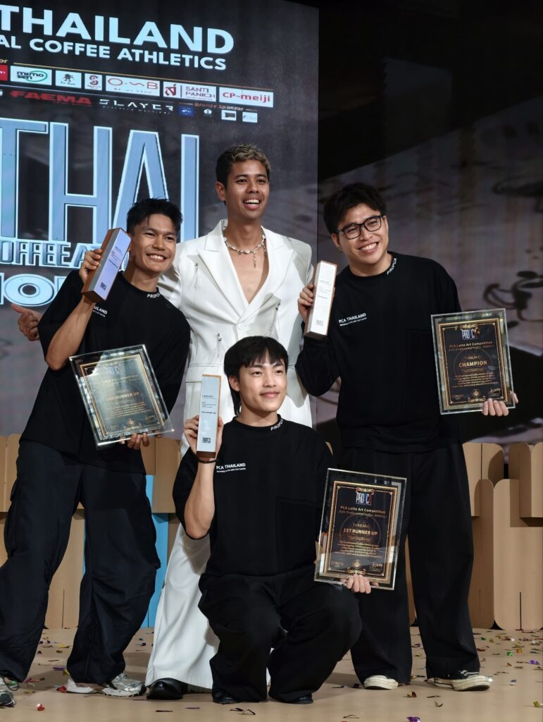 Winners and award recipients at PCA Latte Art Thailand 2026, a national latte art championship showcasing top baristas, specialty coffee excellence, creativity, and professional coffee craftsmanship, with DAVIN CAFE proudly represented among the achievers