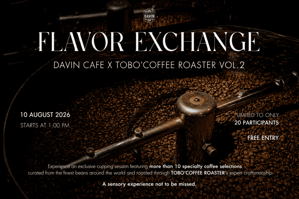 Flavor Exchange event poster by Davin Cafe and TOBO Coffee Roaster, featuring roasted coffee beans inside a roasting machine to promote a specialty coffee cupping experience focused on aroma, tasting notes, and shared coffee knowledge.